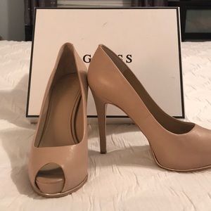 Nude peep toe platform pumps